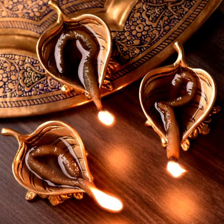 Handmade Brass Leaf Shaped Diwali Diya Pack of 3